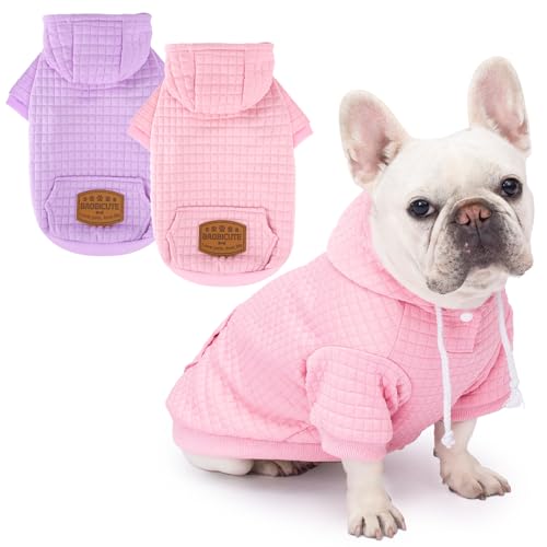 2 Pack Dog Hoodie Sweaters for Small Medium Dogs Warm Dog Clothes for Large Dogs Soft Waffle-Like Laminated Sweatshirt Bulldog (Pink+Purple M (Back: 15.5 Chest: 21.6 Neck: 13))