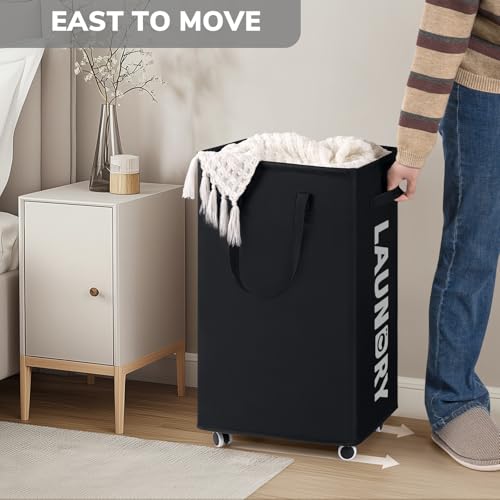 Image of Goodpick Black Laundry Hamper with Wheels, 75L Dirty Clothes Hamper with Removable Wash Bag for Laundry Room, Rolling Laundry Basket