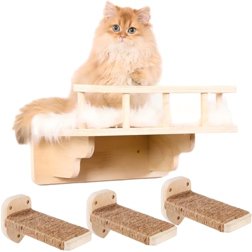 COOLEX Cat Wall Shelf with 3 Cat Wall Steps,Cat Wall Shelves with Plush Coverd,Cat Climbing Shelf for Indoor Cat,Cat Wall Furniture Cat Shelf for Wall (Wood)