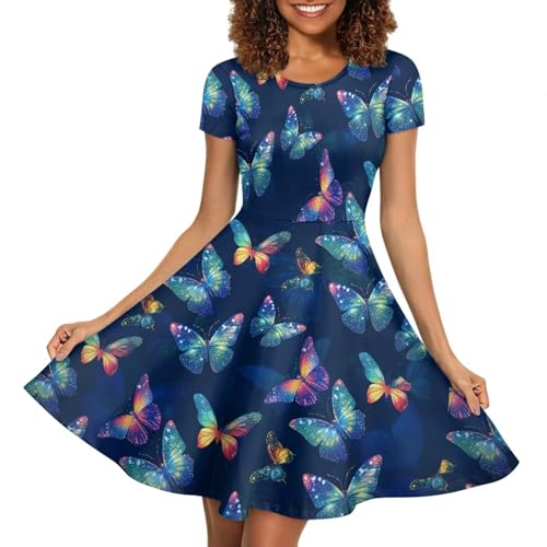 Image of HUGS IDEA Womens Puffy Swing Midi Dress Round Neck Short Sleeve Party A-Line Dresses
