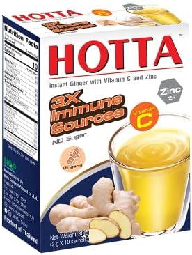 HOTTA Instant Ginger Drink With Zinc & Vitamin C Hot or Cold No Sugar Caffeine Free Tea Soothes Throat Easy Brewing Low Calories Real Asian Ginger, 10 Sachets