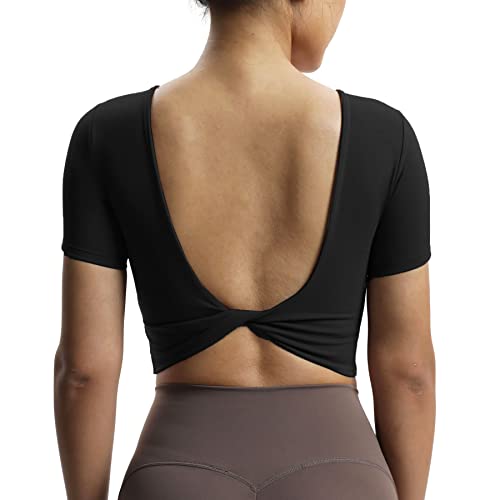 Aoxjox Short Sleeve Crop Tops for Women Emma Backless Twist Back Workout Cropped T Shirt Top4