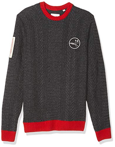 Billy Reid Men's Cashmere Cable Knit Crewneck Sweater with Patches, Charcoal, L