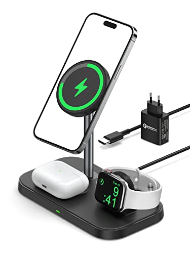 NEWDERY Kabelloses Ladegerät Mag-Safe Ladestation Schnelles Kabelloses Ladegerät Wireless Charger mit QC 3.0 Adapter, Kompatibel mit iPhone 14/14 Pro/14 Plus/14 Pro Max/13/12, Apple Watch & AirPods Cover