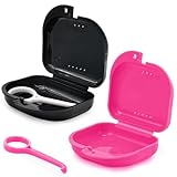 Orthodontic Dental Retainer Case Mouth Guard Holder Box with Aligner Removal, Silm False Teeth Container Travel Partial Denture Case with Vent Holes - Compact & Portable, Black and Rose Red