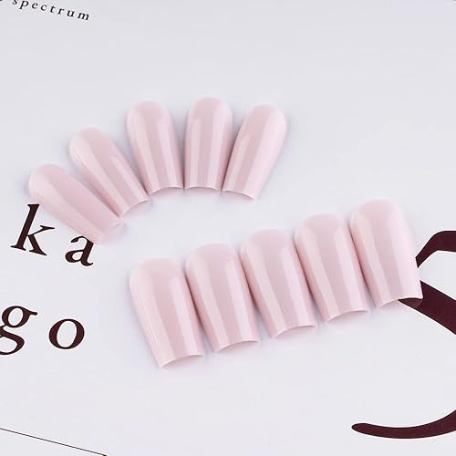 Miniatura 5 de Xcreando Uñas postizas a presión de color rosa bebé, ataúd cuadrado medio largo, uñas acrílicas con pegamento, uñas postizas de color sólido para