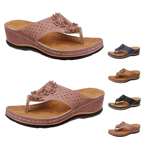 Women’s Comfort Wedge Sandals With Arch Support, Adjustable Flower-Design Flip Flops For Orthopedic Casual Wear