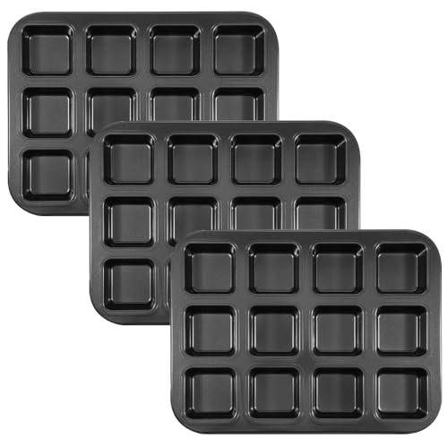 Zyghjort 3 Pack Brownie Pan with Dividers, 12-Cavity Non-stick Square Mini Muffin Pan All Edges Cookie Cake Mold Heavy Duty Carbon Steel Loaf Tray for Crispy Corner Brownies, Cupcakes & Party Baking