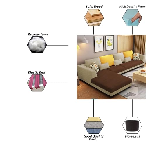 Image of Galib LHS 6 Seater L Shape Sofa Set for Living Room (Cream Brown Fabric) Premium Fabric Sofa