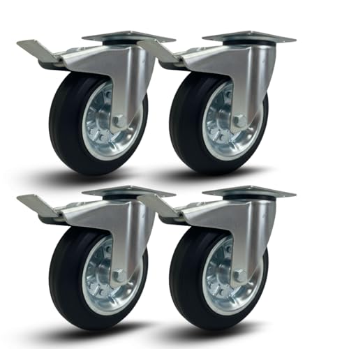 Roues pivotantes avec frein 160/200 mm roulettes silencieuses en caoutchouc, pour chariot à chargement lourd, appareils électroménagers, bancs de travail (160 mm, 4)