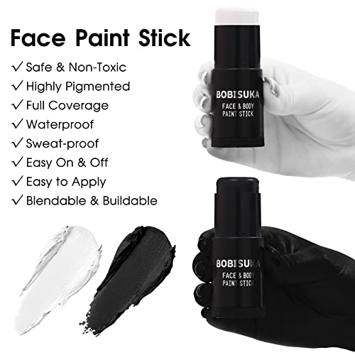 BOBISUKA Black White Face Paint Stick with Setting Powder Set, Eye Black Sticks for Sports, Body Paints for Clown Skeleton Vampire Skull Cosplay Special Effects Costume SFX Halloween Makeup Kit - Image 3