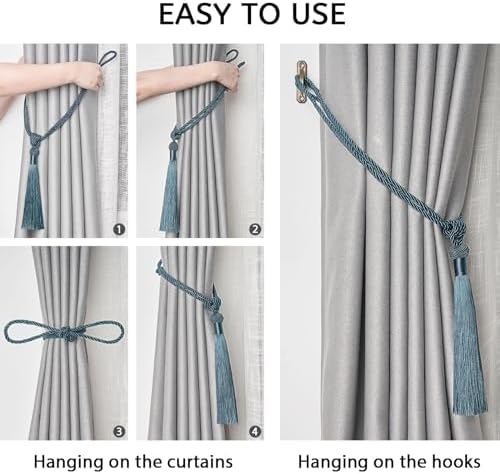 Pretty Jolly 4 Pack Long Tassel Curtain Tiebacks Handmade Braided Rope Knot Drape Tie Backs European Style Decorative Curtain Holdbacks for Home & Office Window Drapery (Teal)