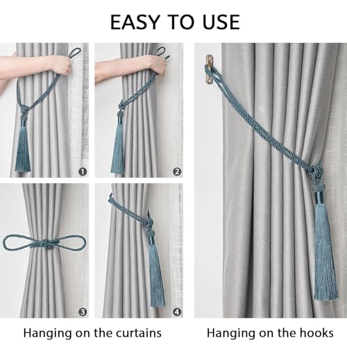 Pretty Jolly 4 Pack Long Tassel Curtain Tiebacks Handmade Braided Rope Knot Drape Tie Backs European Style Decorative Curtain Holdbacks for Home & Office Window Drapery (Teal)