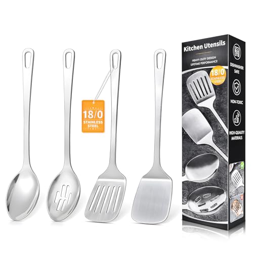 Comparison: Best Cooking Utensils For Stainless Steel Pans 7 4 Pcs Cooking Utensils Set, Stainless Steel Kitchen Utensils, Heat Resistant Metal Kitchen Tools Include Solid & Slotted Turner Wok Spatula, Serving Spoon, Ergonomic Handle, Easy to Clean, Silver