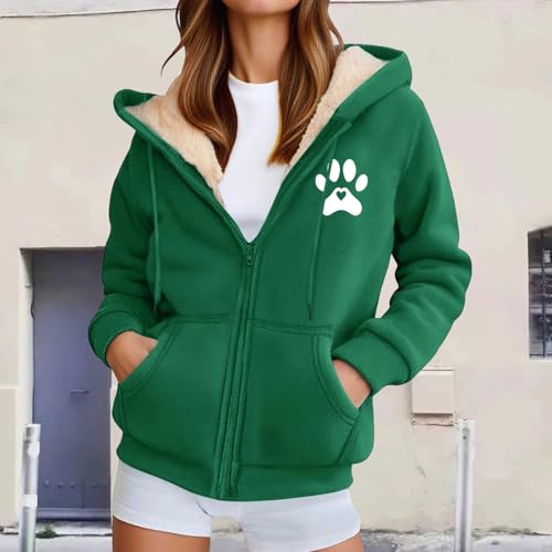 Generisch Winter-Fleece-Jacke für Damen, Durchgehender Reißverschluss, Kapuzen-Sweatshirt, Outdoor, warme Damenmäntel, Übergröße, Hundepfoten-Druck, lässige Oberbekleidung, dunkelgrün, M