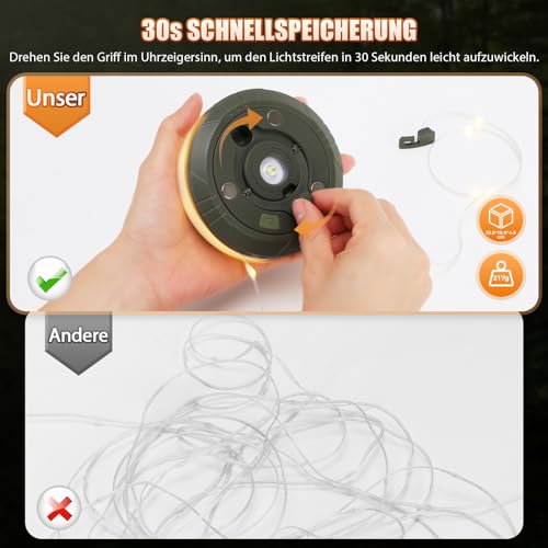 Yizhet 10m Camping Lichterkette, Aufrollbar und Wasserdicht, USB Aufladung, Langlebige LED für Camping, Wandern und Hofdeko(Olivgrün)