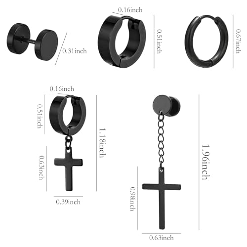NEWITIN 15 Pairs Stainless Steel Stud Earrings for Men Hypoallergenic Earring Unisex Punk Earring Hoop Hinged Dangle Cross Earrings for Men Women 8mm2