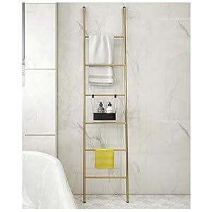Bath Towel Ladder, Metal Wall-Leaning Blanket Rack Ladder with 6 Bars, Free Standing Leaning Decorative Storage Ladder, Home Accessories Organizer Stand Gold