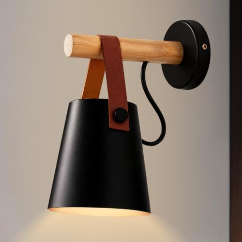 Image of Smartway Black Leather LED Wall Lamp | Modern Decorative Wall Light for Living Room, Bedroom, Bedside & Kids Room | Wooden Arm Designer Wall Mount Light | Premium Home Decor | 1-Year Warranty