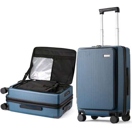 BISON DENIM Carry On Luggage Expandable PC Hard Shell Suitcase with Spinner Wheels and Cup Holder, TSA-approved Lock and USB Port 20-Inch