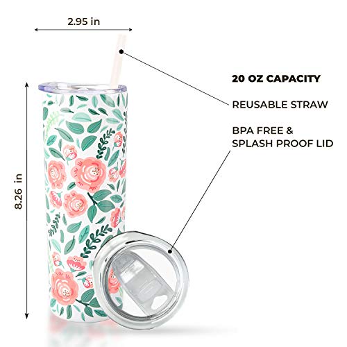 Floral Print Vacuum Insulated Stainless Steel Skinny Tumbler With Straw - Coffee Mug With Lid - Tea Cup For Travel- Nature Themed, Plant Lovers - Travel Mug, Birthday Gift - Floral Mugs For Women #TOP4
