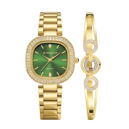 Giordano Analog Quartz Watch for Women with Bangle Square Green Dial, Blue Crown, Crystal Studded Hour Markers and Bezel, Gold Stainless Steel Strap - GZ-60166-33