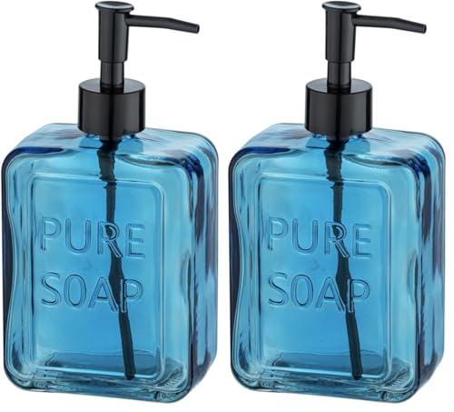 WENKO Distributeur de Savon Pure Soap, Distributeur de Savon Liquide Rechargeable en Verre, Distributeur de désinfectant pour la Cuisine, la Salle de Bain, 550 ML, 9,5x20x6cm, Bleu (Lot de 2)