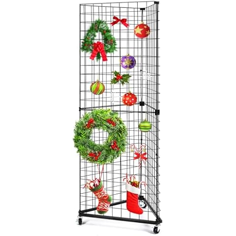 GADFISH Triangular Gridwall Panel Display Stand, Black Triangle Wire Grid Tower with Base and Casters, 24" x 68" Rolling Grid Wall, Panel Stand for Home Organization, Retail, Trade Show, Vendor Cover