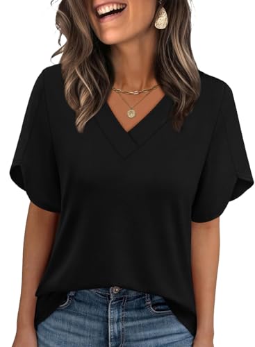 Image of WIHOLL Womens Summer Tops Short Petal Sleeve Shirts Fashion V Neck Womens Clothing