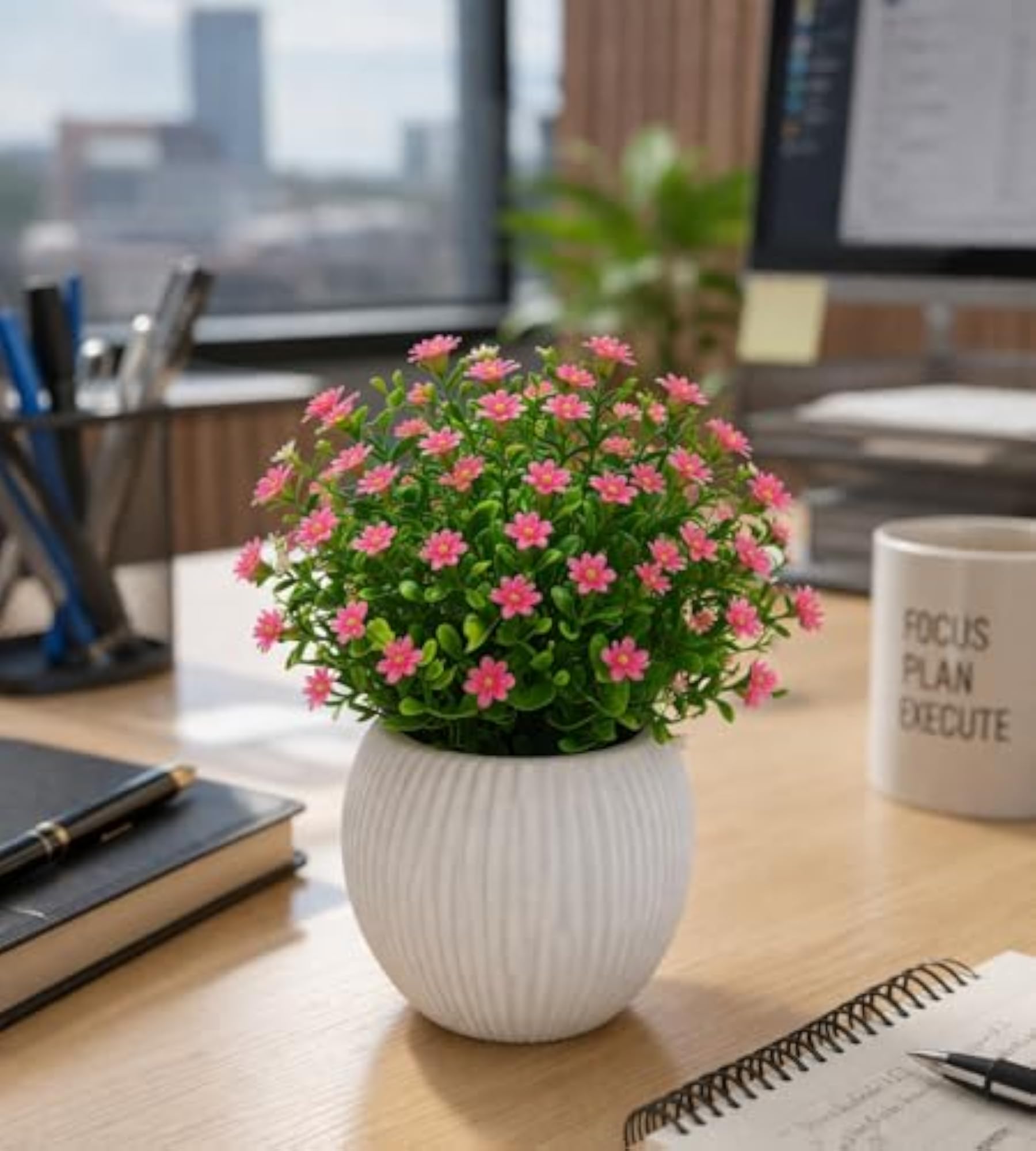 Artificial Plant with Pink Flowers in White Ribbed Pot