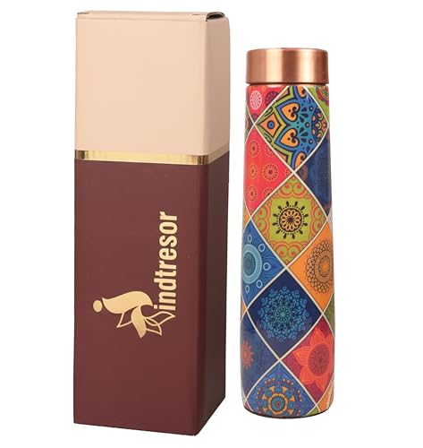 Indtresor Pure Copper Water Bottle - Handcrafted - Ayurveda Health Benefits - Large 35 OZ - Leak proof - Easy to carry for Sports, Fitness, Yoga, School - Textured Multicolor Floral Pattern.