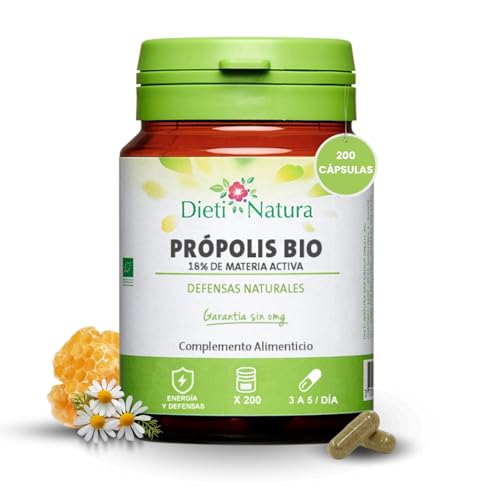 Dieti Natura Própolis BIO 200 Cápsulas 18% Materia Activa - Propóleo Puro Natural para Defensas Inmunitarias Adultos - Propiedades Antibacterianas y Antioxidantes - Producto de Colmena con Certificado
