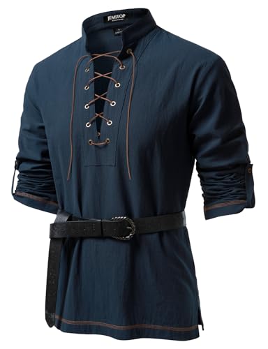 JEMITOP Mens Renaissance Cotton Lace Up Shirt Mandarin Collar Long Sleeve Retro Costume for Medieval Pirate Viking Halloween Knight Vampire Without Belt Navy Blue L