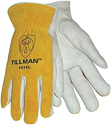 Tillman 1414L 1414 Unlined Cowhide Leather Drivers Glove, Cowhide Leather, Large, White/Yellow (12 Pairs)