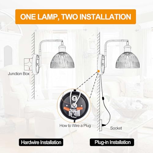 Image of Swing Arm Wall Sconce, Plug in or Hardwired Black Wall Lamp with Green Stripe Ribbed Glass Shade, Vintage Edison LED Bulb Wall Light Fixture for Living Room Bedroom Bedside Bathroom Hallway