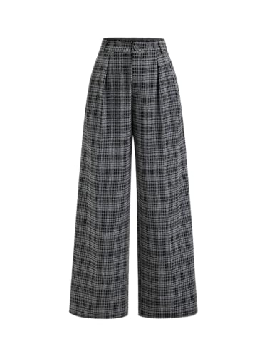 CIDER Plaid Wide Leg Pants for Women with Pockets Mid Waist Checkered Pants Business Casual Trousers Trendy: Black, XL