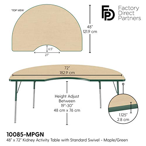 Image of FDP Kidney Activity School and Office Table (48 x 72 inch), Standard Legs with Swivel Glides for Collaborative Seating Environments, Adjustable Height 19-30 inches - Maple Top and Green Edge