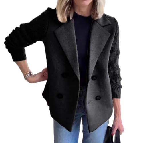 Women's Lapel Button Knitted Patchwork Sleeve Casual Coat Cropped, 2025 New Pea Coat Double Breasted Blazer Sweater For Women