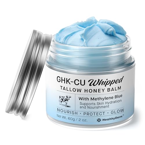 HealthyDerm Copper Peptides GHK-Cu Beef Tallow for Skin: Blue Balm with Methylene Blue, Manuka Honey & Vitamin E – Natural Face and Body Moisturizer for Mature, Dry & Sensitive Skin – 2oz