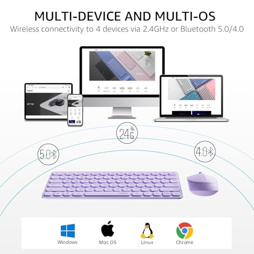 Image of Rapoo Multi-Device Keyboard and Mouse Combo, 2.4GHz /Bluetooth 5.0 /4.0 Wireless Keyboard & Mouse Set for Windows /Mac /Linux /Chrome, Support 4 Devices, Low-Profile Silent Click, Battery Powered, Purple