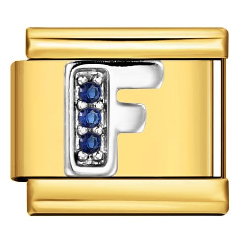 Image of Mon & Sons F Crystal 18k Gold Letter Initial Name Tag Alphabet Personalised Birthday Silver Italian 9mm Link Stainless Steel Bracelet Charm Compatible With 9mm Link