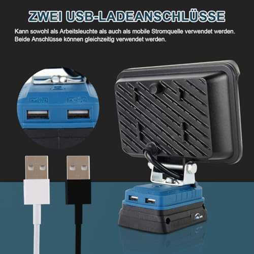 AUTOJARE Akku Lampe Kompatibel mit Bosch 18V 60W Kabellose Led Arbeitsleuchte 5200LM Tragbares Scheinwerfer 2 Helligkeitseinstellungen Baustellen Lampe mit 2 USB-Aufladung (5 Zoll, kein Akku)
