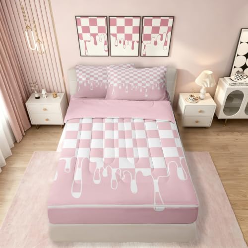 Image of White Pink Checkered Easy Wash Zipper Bedding Full,Checkerboard Drip Removable Cover Comforter Set with Deep Pocket Fitted Sheet,Y2K Aesthetic Geometric Soft Breathable Bed in a Bag for Dorm Bedroom