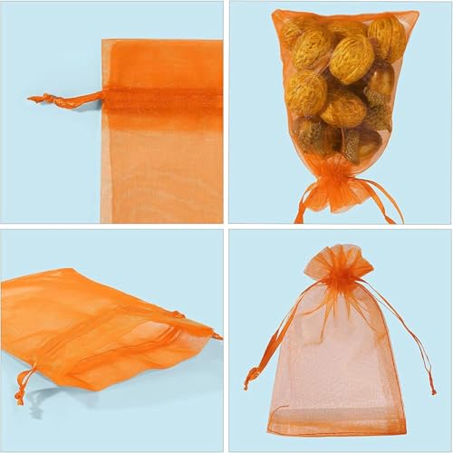 Image of ANZNKU 100PCS Orange Organza Bags 5x7 inches Mesh Bags Drawstring, Gift Bag for Easter, Wedding Mesh Festival Makeup Organza Party Favor Bag, Sheer Mesh Pouches Drawstring