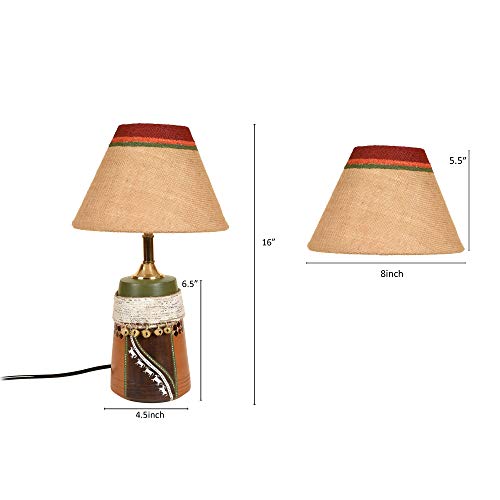 Image of AAKRITI ART CREATIONS Terracotta Table Lamp for Study Room, Bedroom & Living Room Decoration | Kalamkari Handwoven Tribal Pattern Bedside Lamp with Jute Woven Fabric Shade | Aesthetic Night Lamp