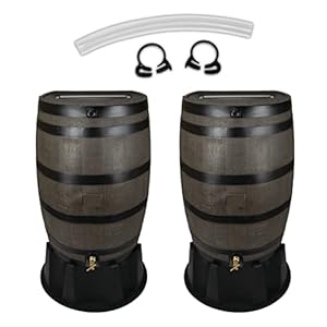 50 Gallon Flat Back Rain Barrel and Stand with Link Kit, Woodgrain with Black Stripes (2 Pack)