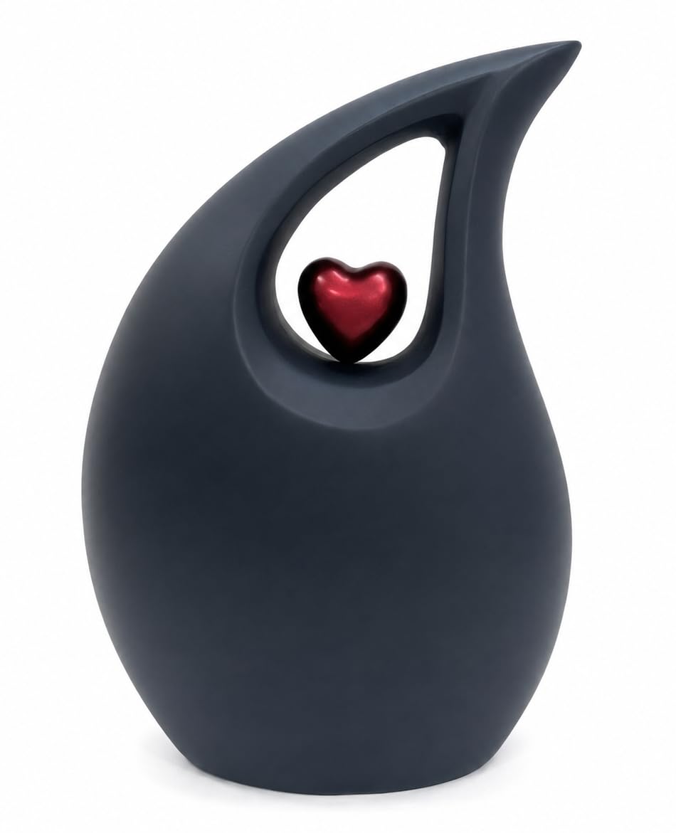 Heart of Love Cremation Urn for Human Ashes, Beautiful Teardrop Cremation Urn for Human Ashes - Matte Black Memorial Urn with Red Heart, Decorative Funeral Urn for Adult (Black/Red(8X4.5X10"))