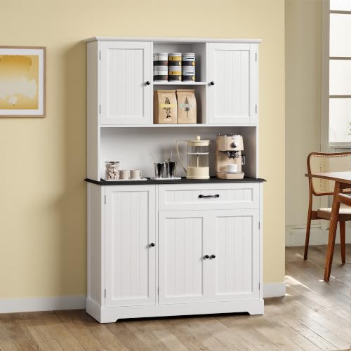 Image of Gizoon Kitchen Pantry Cabinet with Microwave Shelf Tall Coffee Bar Cabinet with Doors and Shelves Farmhouse Kitchen Hutch with Storage for Dining Room and Craft Room, Painted White and Black