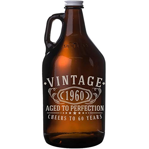 Vintage 1960 Etched 64oz Amber Glass Beer Growler - 60th Birthday Aged to