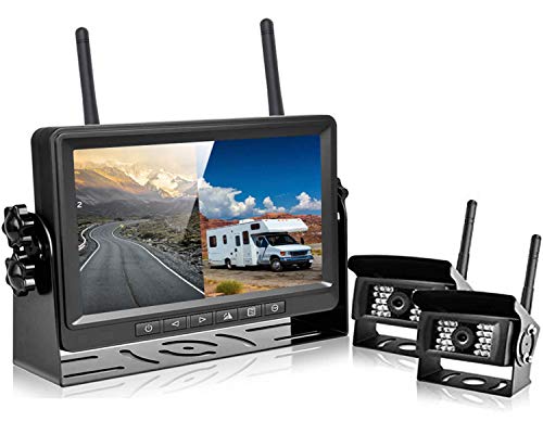 FHD 1080P Digital Wireless Backup Camera Kit, 7” LCD Monitor with Blue Backlit Buttons Support Split Screen, Two Cameras IP69 Waterproof IR Night Vision for Bus/RV/Truck/Trailer/Motorhome/Boat
